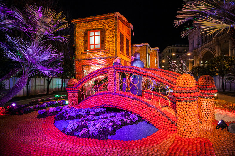 House and bridge made our of oranges and lemons at the Menton Lemon Festival, southern France